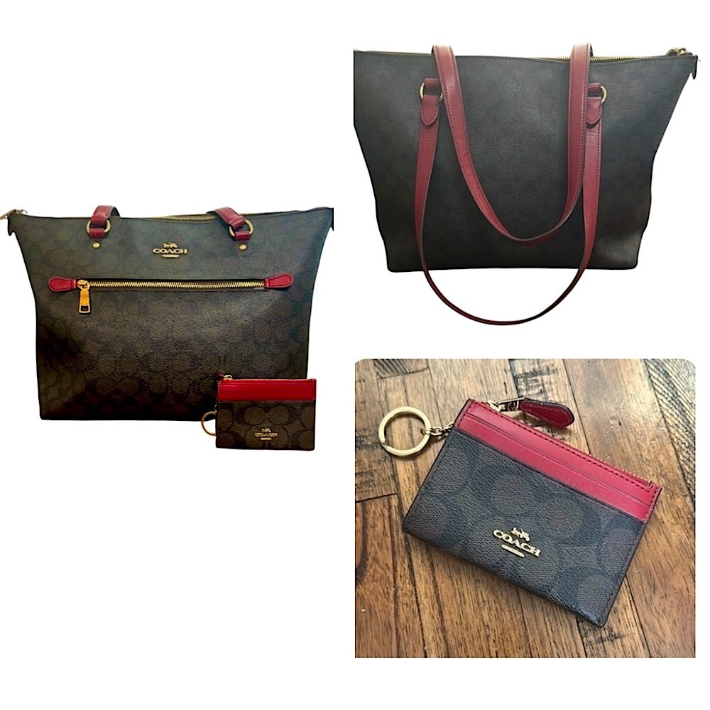 Coach Brown and Red Gallery Tote Bag brown with red handles and accents. - Picture 3 of 16